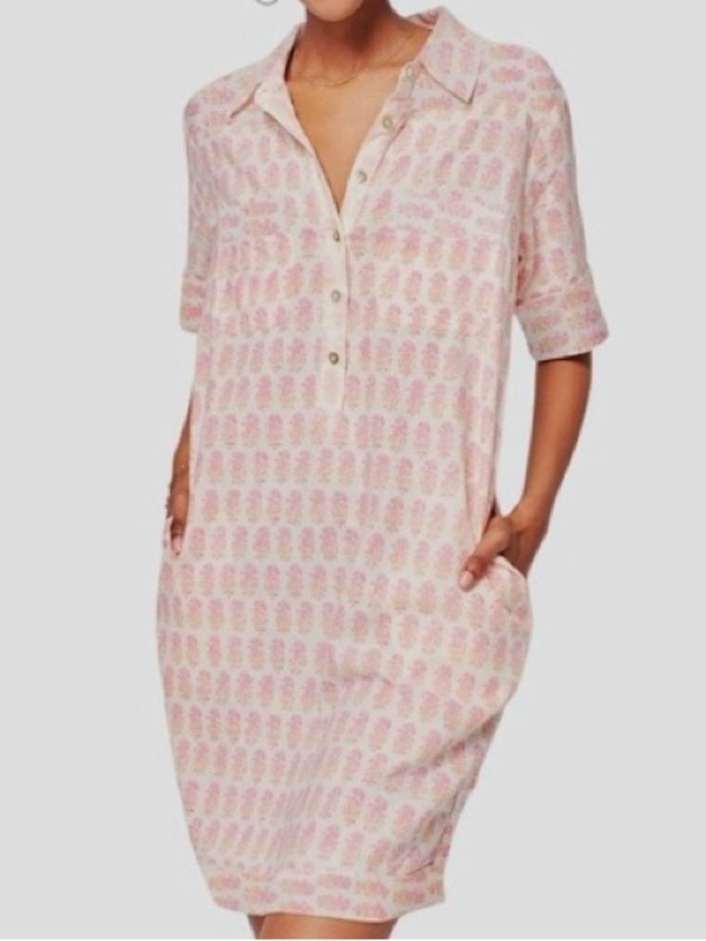 Faherty Pink and Cream Short-Sleeve Mini Shirt Dress